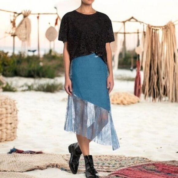 Free People ✦ My Lacey Velvet Midi Skirt ✦ Blue Asymmetrical Lace Hem Side Zip - Picture 9 of 16